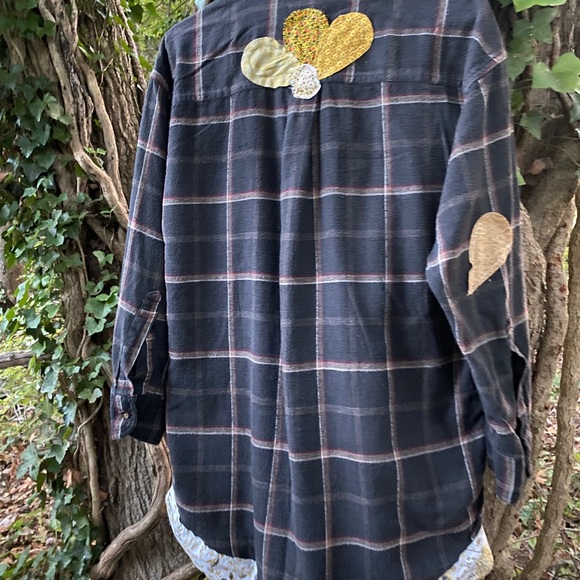 Flannel Shacket Medium Recycle Frayed Grunge Boho Hippie Patch Fall Shirt Jacket - Picture 4 of 8